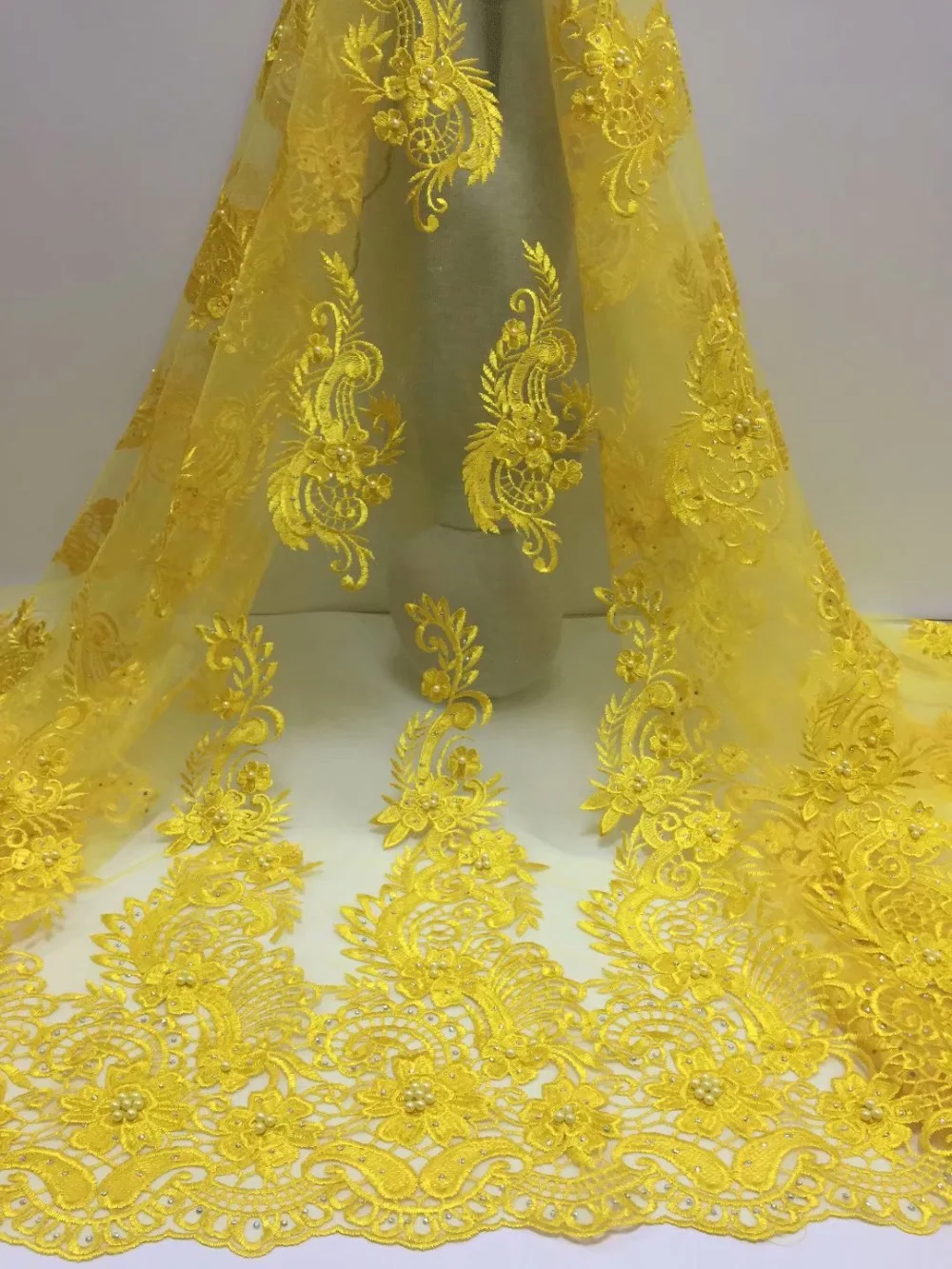 2019 Новая мода вышитые бисером камни сетка фатин кружева ткань желтый высокого