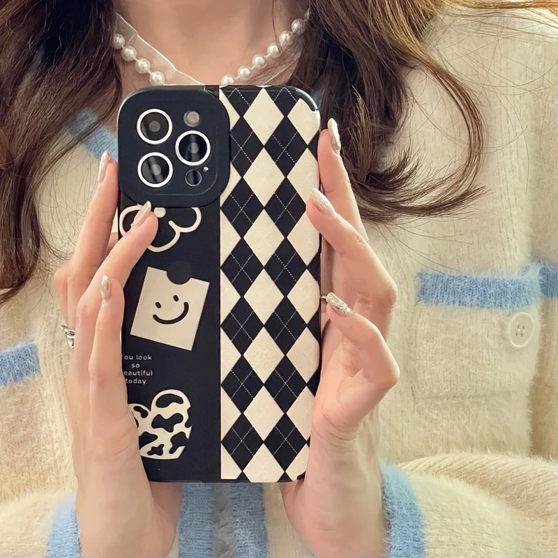 art retro smiley face graffiti plaid korea phone case for iphone 12 11 pro max x xs max xr 7 8 plus cases soft leather cover free global shipping