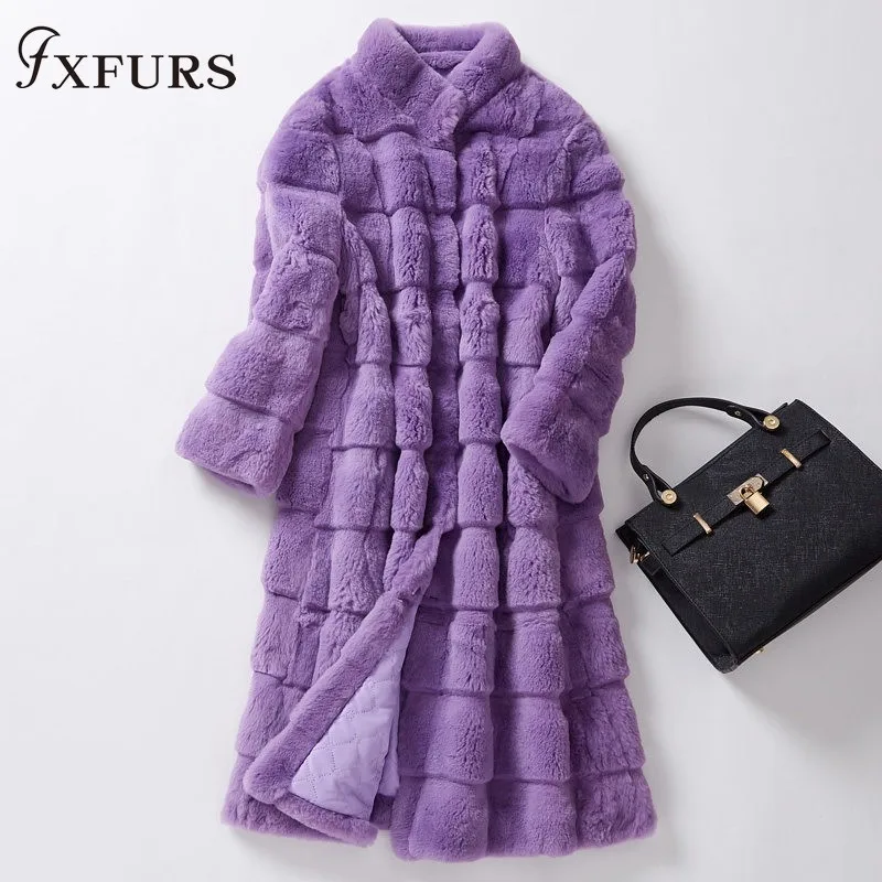 2020Fxfurs new Real Fur Coat Winter Jacket Women Natural Rex Rabbit Fur Thick Warm Stand Collar Three Quarter Sleeve Streetwear