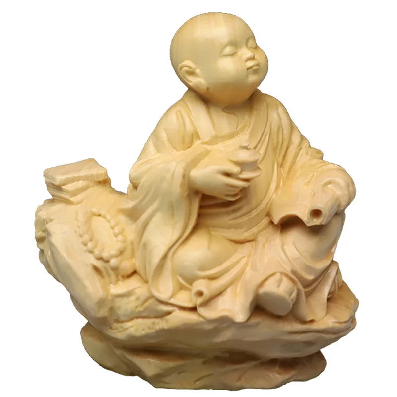 

Boxwood Carved Tea Pet Little Monk Hand-playing Handles Car Zen Ornaments Crafts Leisurely Novice Figures Wood Statues