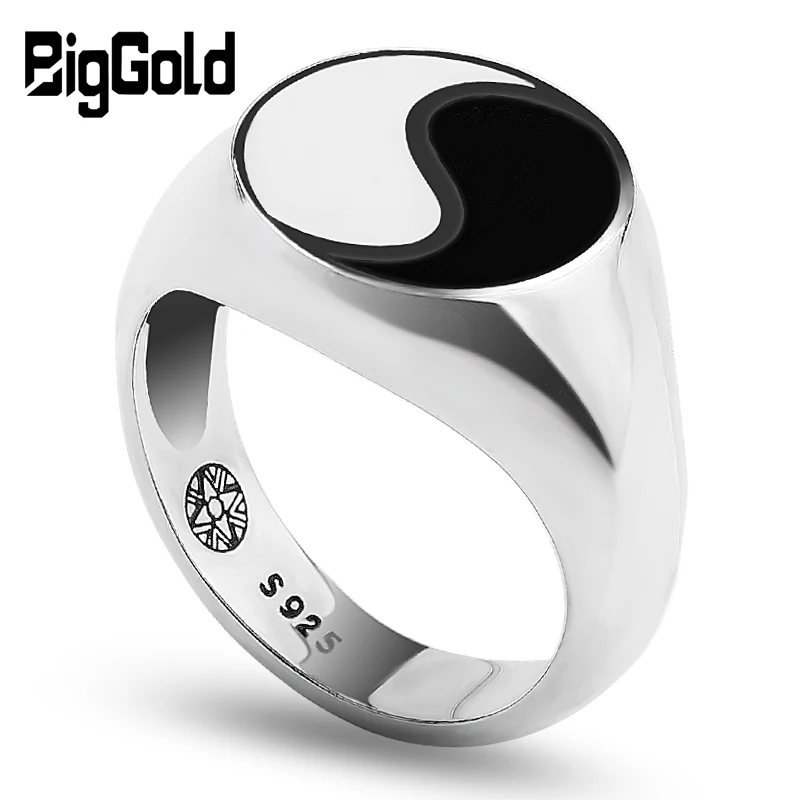 

Tai chi Yin Yang Gossip Ring Epoxy Rings Men Antique 925 Sterling Silver Finger Enamel Asian Ring Jewelry For Men and Women