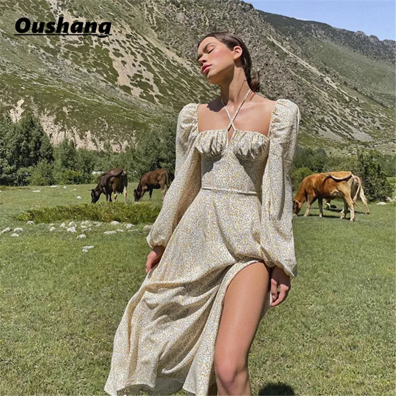 

2021 Autumn Long Maxi Dress Women Vintage Holiday Beach Split Dresses Long Sleeve Puff Sleeve Casual Floral Sexy Party Vestidos