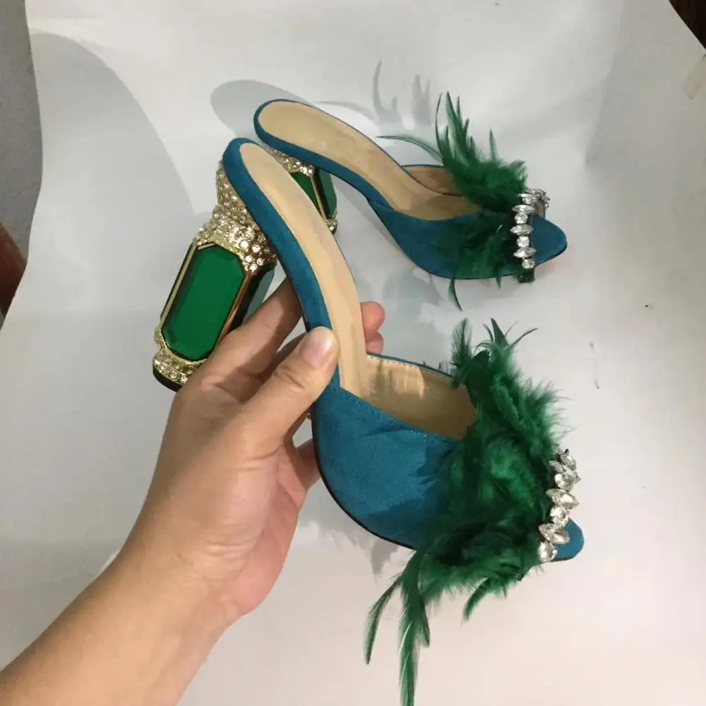 

Summer Fashion women's crystal high heeled sandals Chic peep toe slippers Chic Feather high heels slides