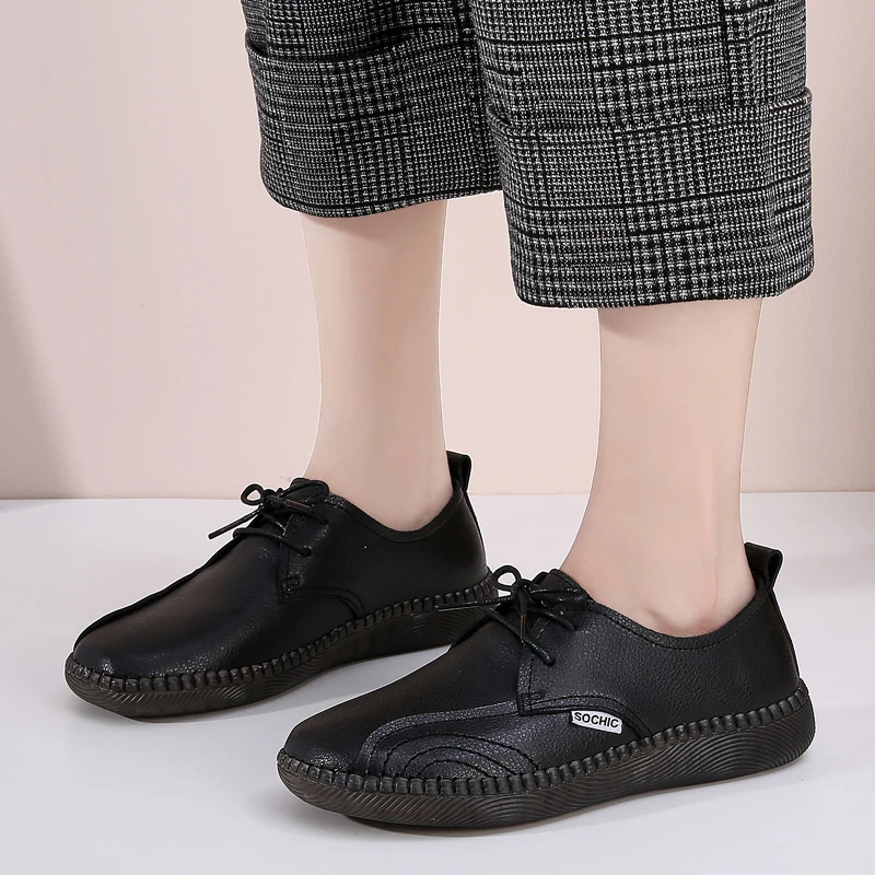 

2021 Women's Spring/Autumn Shoes For Women Genuine Leather Casual Round Toe Flats Female Lace Up Solid Soft Loafers Shoes