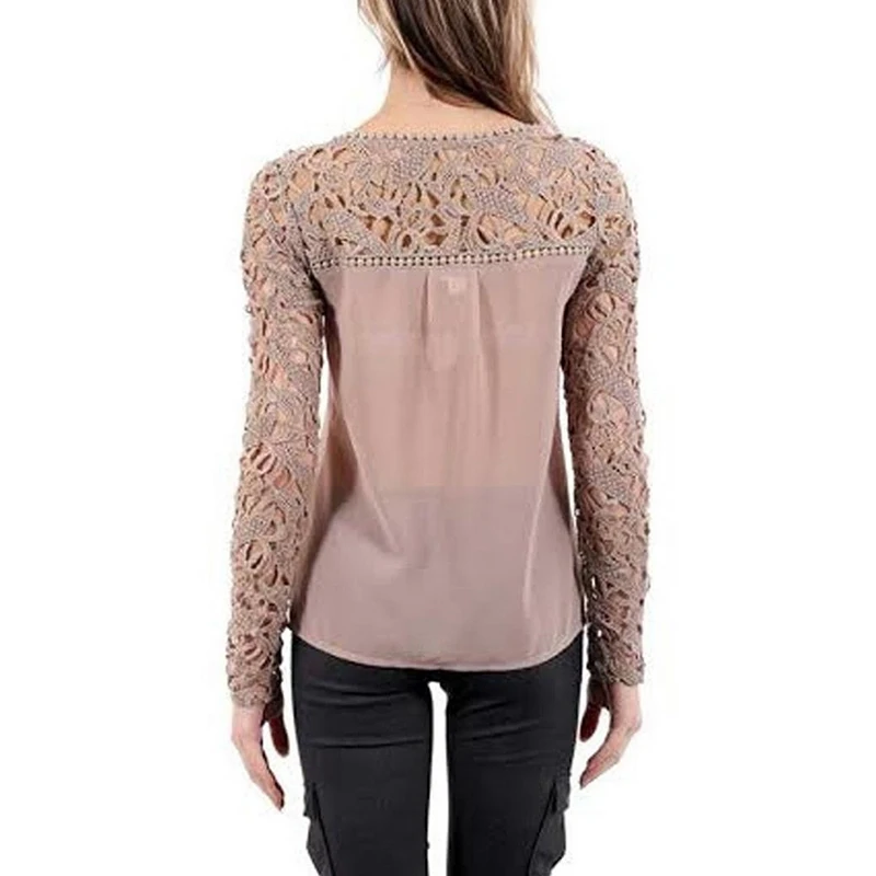 2019 Mulheres rosa Lace oco manga comprida blusa blusas para mulheres camisas |