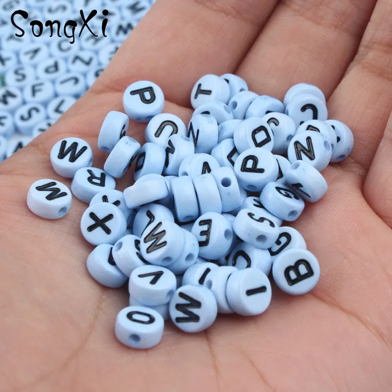 100 шт. синие буквы акриловые бусины 4*7 мм круглый плоский Алфавит россыпью для