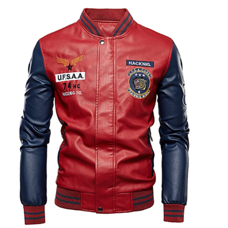 

Leather Jacket Men Bomber Baseball Biker Coat Faux Pilot Fleece College Top Black Slim Fit Motorcycle Top