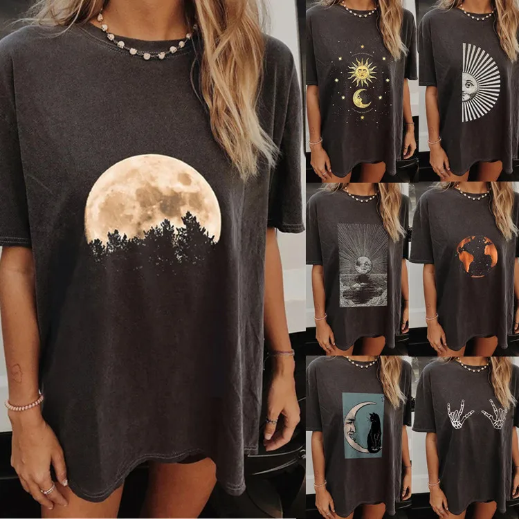 

Summer Fashion Sun And Moon Print T Shirt 2021 New Women's Loose O Neck Short Sleeve Printed Pullover Casual Gray Top Tee Girls
