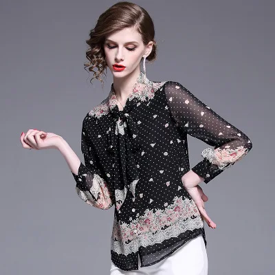 

Shirt women's 2021 spring and summer new slim European and American women's printed ribbon top Chiffon Plaid women's shirt