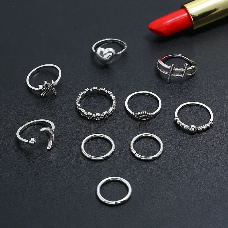 10 шт./партия для женщин набор колец в богемном стиле ретро луна звезды глаз цветок