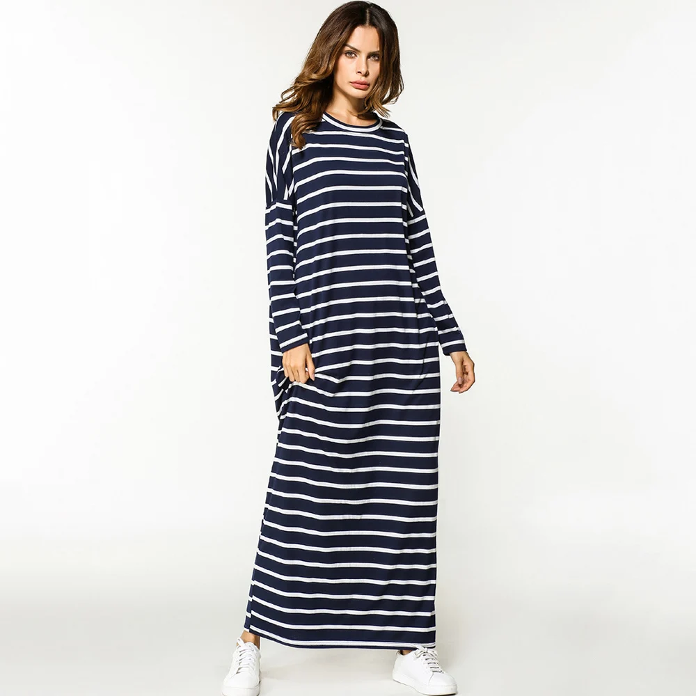 Мусульманское Макси-платье абайя джилбаба синее Полосатое длинное платье-Кафтан