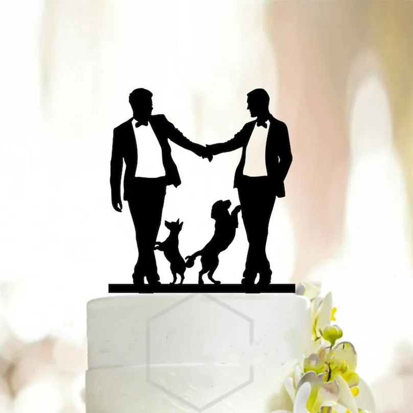 Mr & Mr Wedding Cake Topper With Dogs Same Sex Cake Topper Men Silhouette Homosexual Wedding Cake Topper