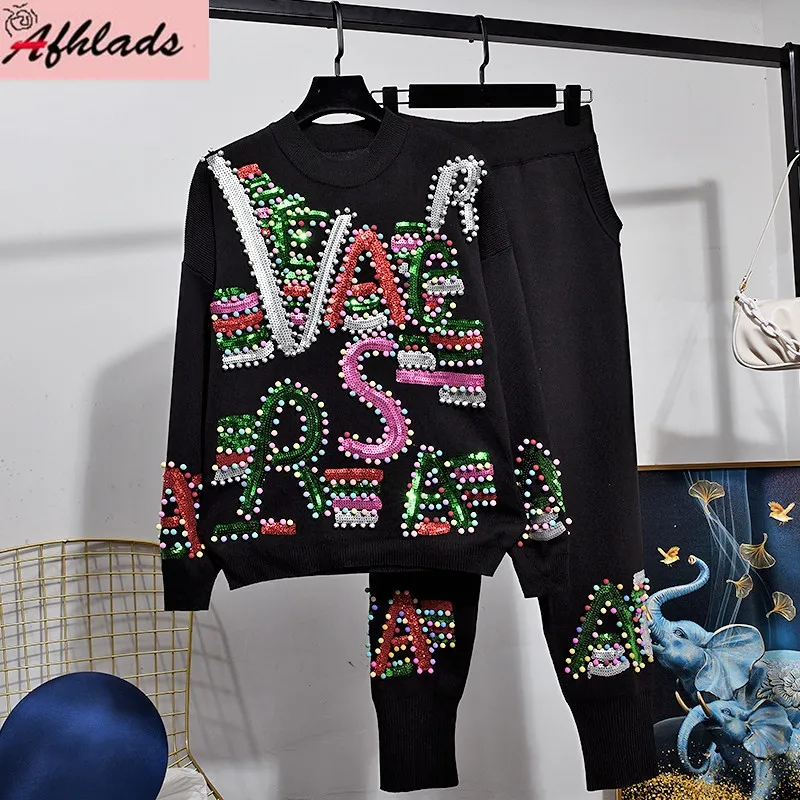 

Женский трикотажный костюм, Повседневный пуловер с блестками и брюки, свободный костюм из двух предметов, уличная одежда на осень и зиму