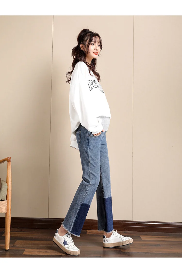 

Spring Autumn Maternity Jeans Fashion Color Matching Denim Pregnant Women Straight Pants Pregnancy Mother Belly Clothing
