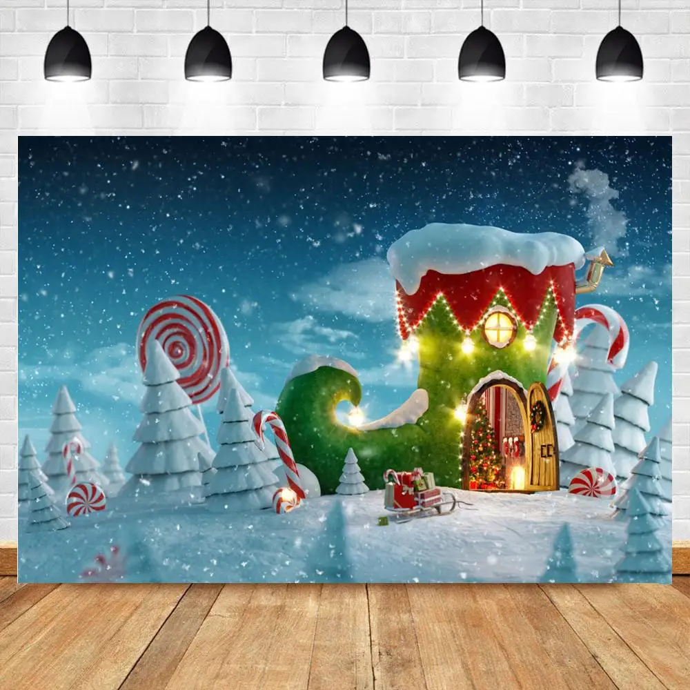 

Winter Snow Candy House Photography Backdrops Christmas Gifts Sledge Tree Newborn Baby Shower Photo Backgrounds