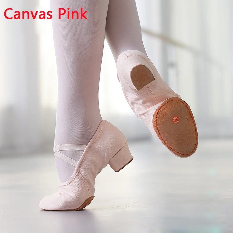 Canvas Pink Качественная танцевальная обувь для женщин; кожаная обувь на среднем каблуке для девочек; балетная обувь для джаза; обувь для танца живота и йоги; обувь для латинских танцев; обувь для учителя - Цвет: Canvas Pink