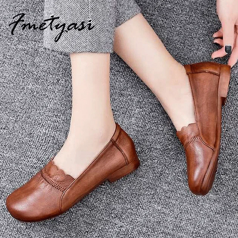 Лоферы женские без шнуровки мягкая кожа низкая подошва плоская винтажные