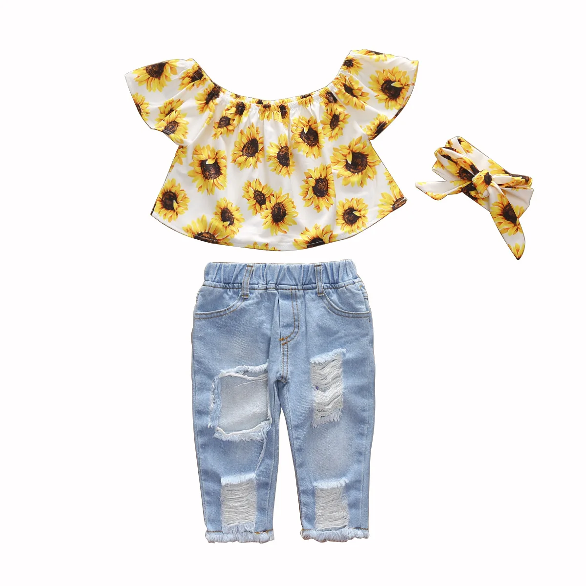 

Girls' flying sleeve woven printed sunflower fleece denim perforated pants headband three piece suit