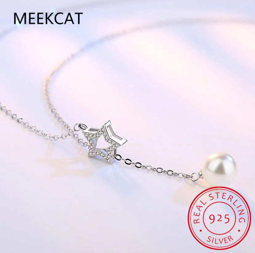 

New Simple Fashion 925 Sterling Silver Cross Crystal Star Real Pearl Pendant Chain Necklace For Women Choker Necklace Party Gift