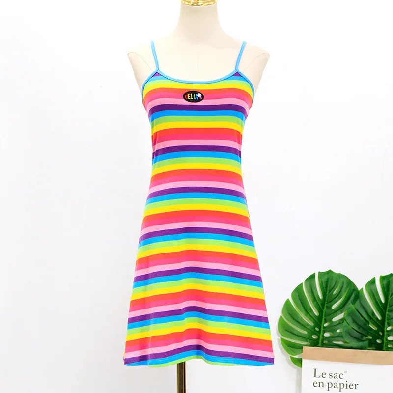 Ropa mujer, корейские милые кавайные летние платья, Ким Хюна, разноцветное платье в радужную полоску с вышитыми буквами, платье на тонких бретелях