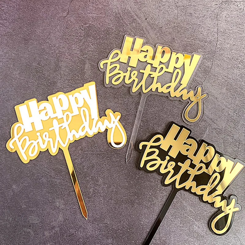 

Cake Topper Happy Birtnday Acrylic Cupcake Toppers Flags Kids Gift Baby Shower Wedding Black Gold Cake Baking Decor Party DIY