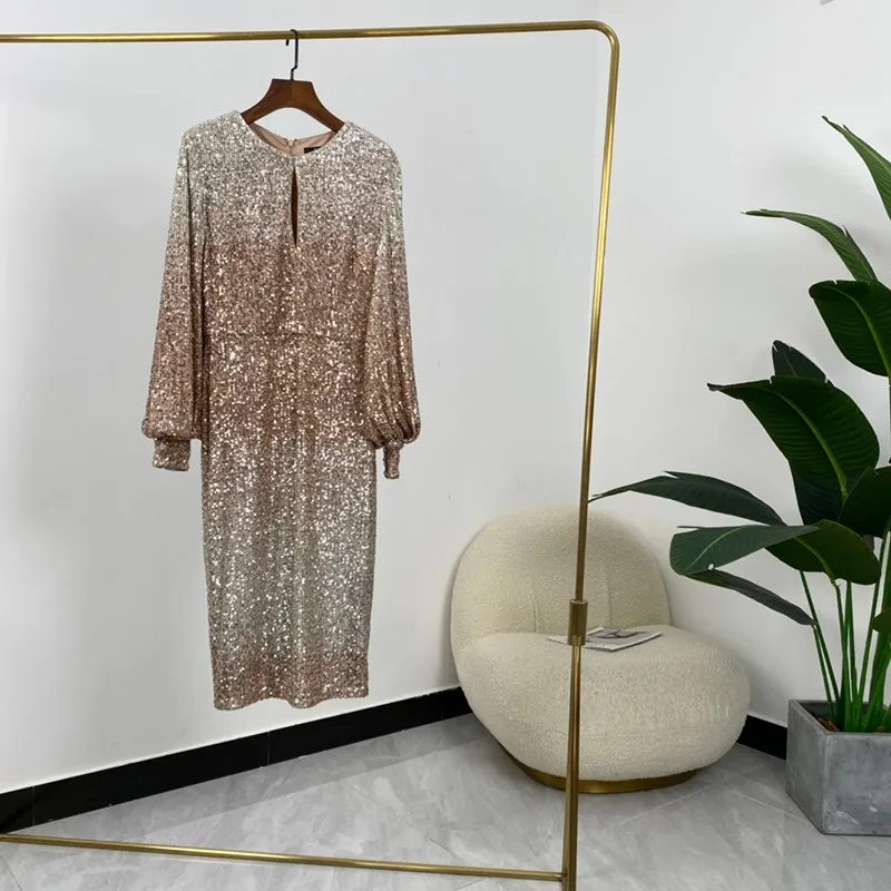

High-end Gradient Color Sequins Long Sleeve Lantern Design Mid-calf Dresses 2021 Summer Party Dress for Women