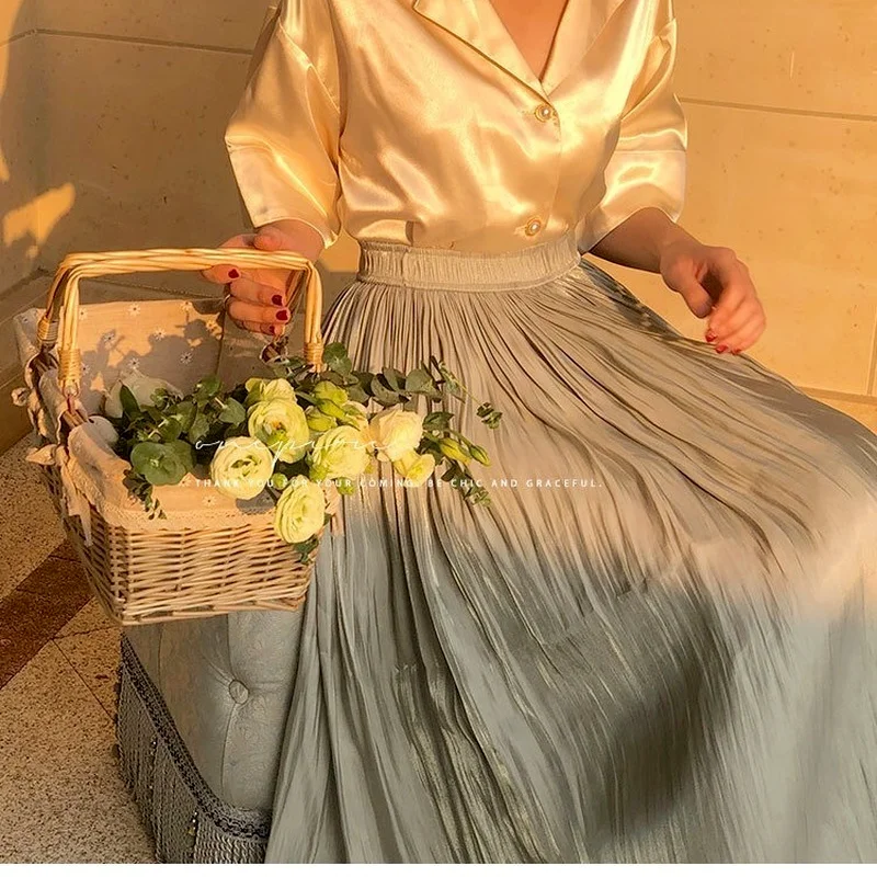 

Pleated Skirt Summer Pearly Shiny Silky Satin Gloss High Waist Solid Color Skirts Womens 2021 Korean Fashion A-line Long Skirt