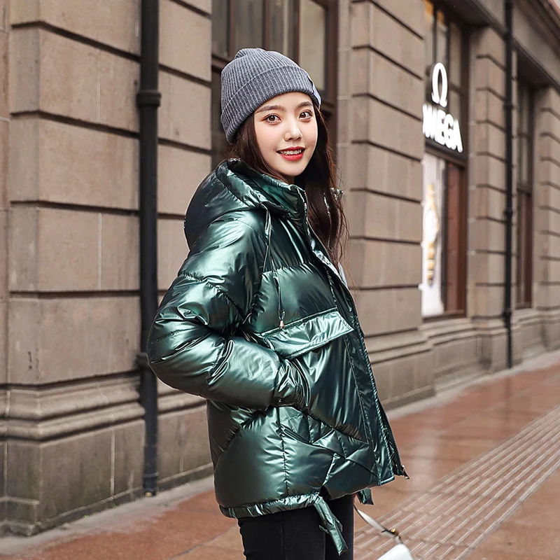 2021 Autumn Loose Shiny Cotton Down Jacket Women's Warm Winter Coat Bread Trend Waterproof Casual Hooded Jacket New OverCoat