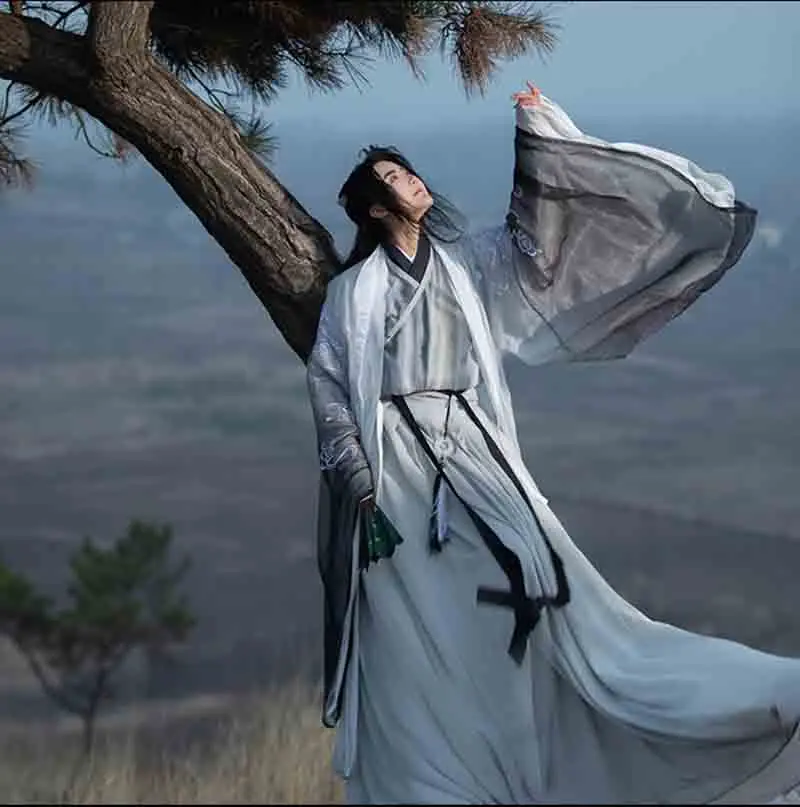 Мужской/женский костюм ханьфу, китайский традиционный градиентный серый костюм ханьфу, косплей, шифоновое платье для пар, большие размеры ...