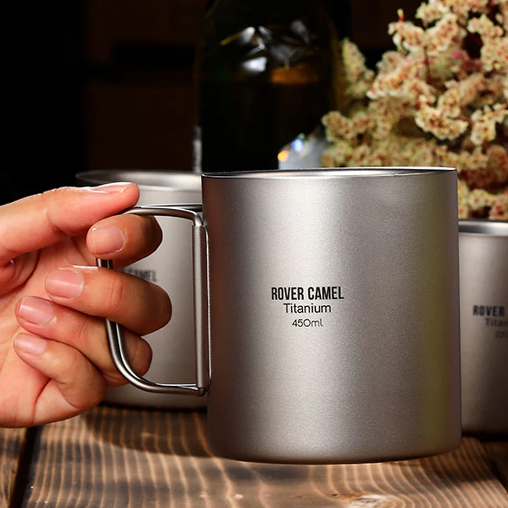 

450ml / 220ml Titanium Double Wall Cup Water Coffee Tea Cup Mug with Foldable Handle for Home Office Camping Hiking Backpacking