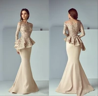 dubai arabic champagne lace stain peplum mermaid mother of the bride dresses long sheer neck long sleeve evening formal gowns