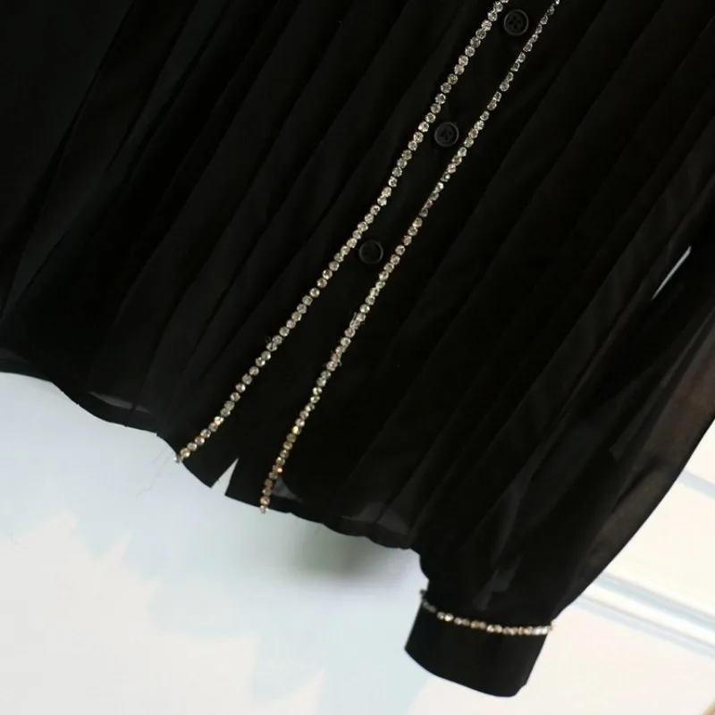 

Office Elegant Black Chiffon Shirt Women Diamonds Splice Loose Fit Tops Transparent Single Breasted Female Lapel Casual Blouse