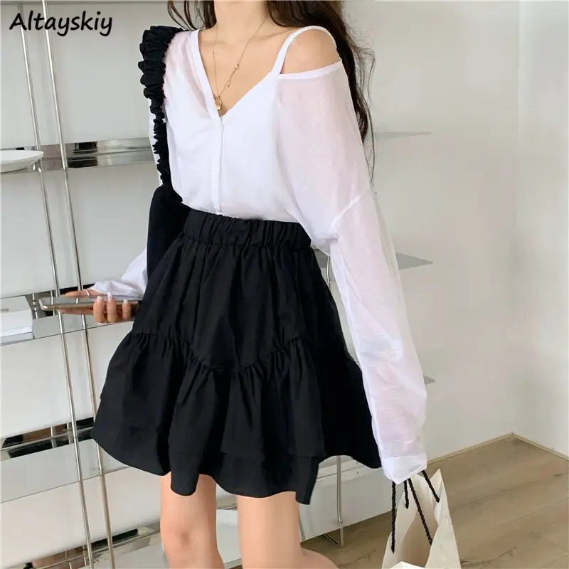 

Women Sets Long Sleeve Button Up V-neck Breathable Off Shoulder T-shirts Design Ruffles Solid Mini Skirts Korean Style 2 Pieces