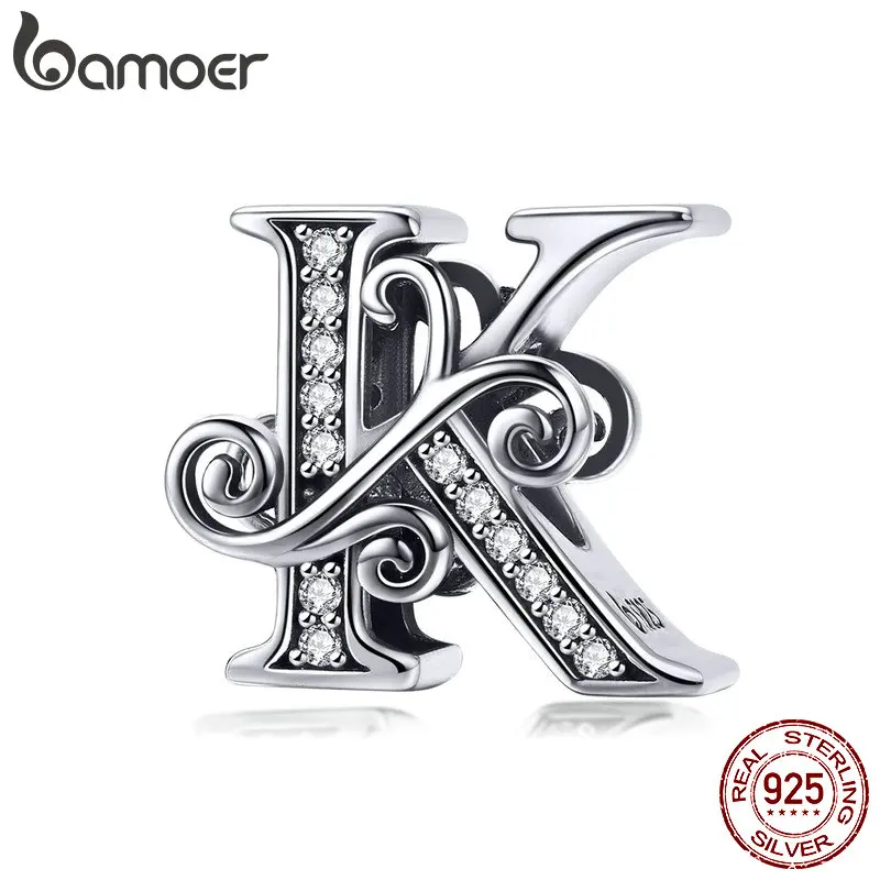 BAMOER 925 пробы серебряные буквы K Алфавит бусины амулеты подходят для браслетов и браслетов DIY Аксессуары Ювелирные изделия BSC030-K