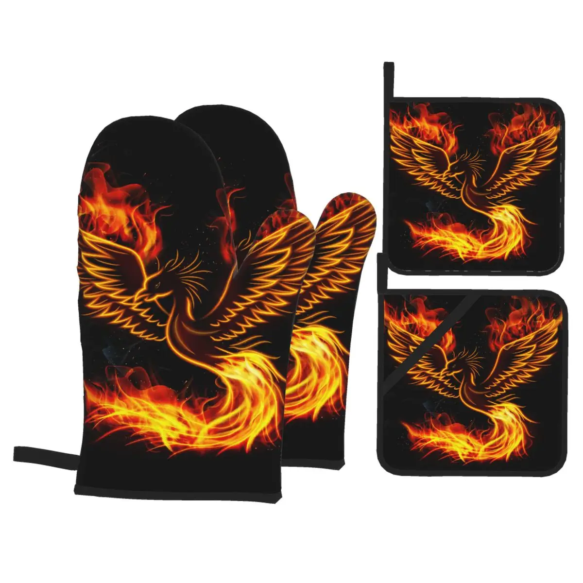 

4pcs Kitchen Gloves Insulation Pad Cooking Microwave Gloves Fire Burning Phoenix Bird Baking BBQ Oven Potholder Pad Oven Mitts