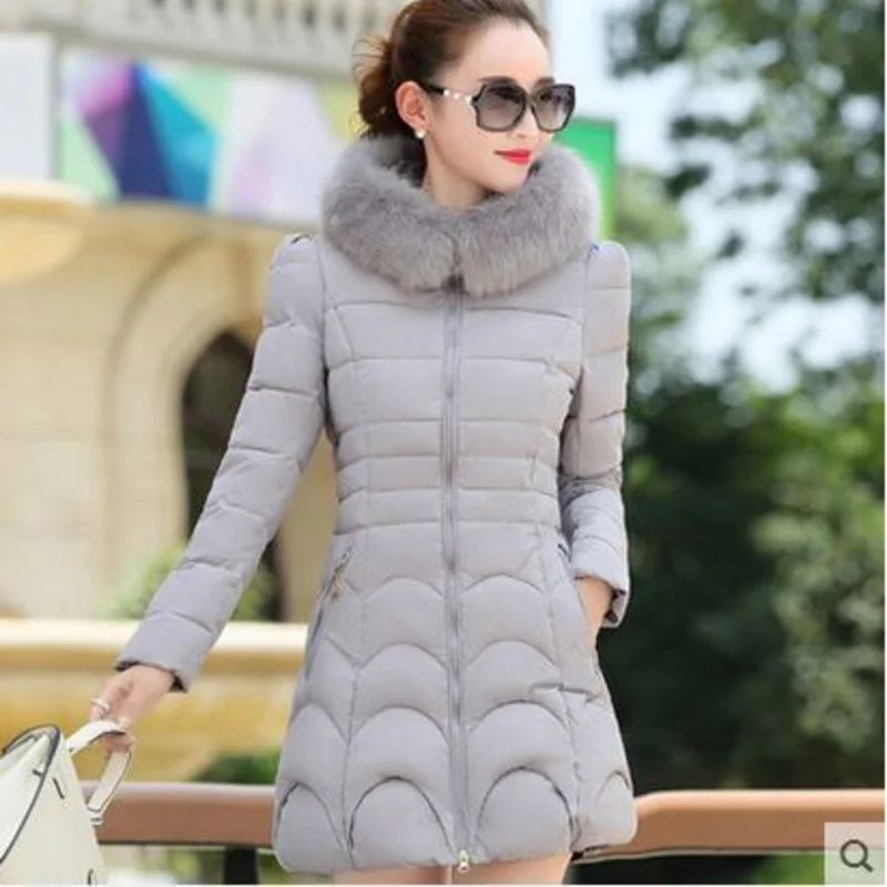 

2021 Winter Women Down Coat Stylish Hooded Slim Jacket Mid-Length Warm Parkas Coats Cotton Padded Outwear