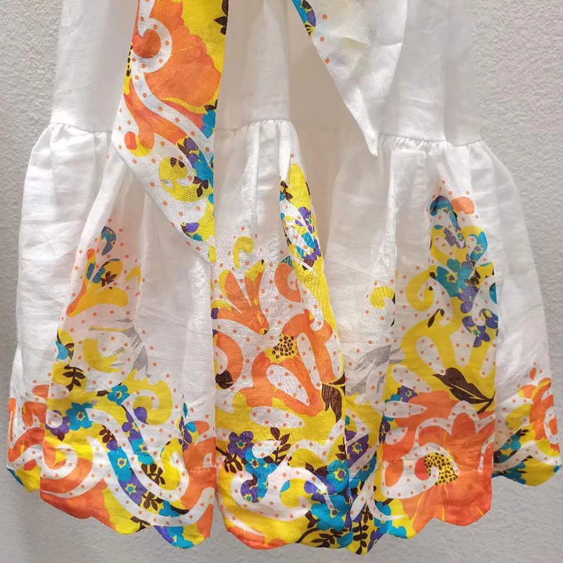 

VGH White Print Dress For Women Turtleneck Sleeveless Patchwork Bowknot Sashes Slim Midi Dresses Female 2021 Summer Fashion Tide