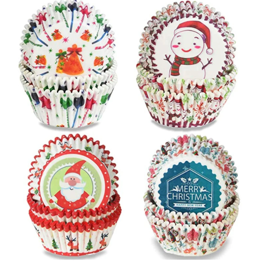 

100 Pcs Christmas Printed Cake Paper Cups Greaseproof Paper Cake Tray Kitchen Tools For Cake Balls Muffins Cupcakes