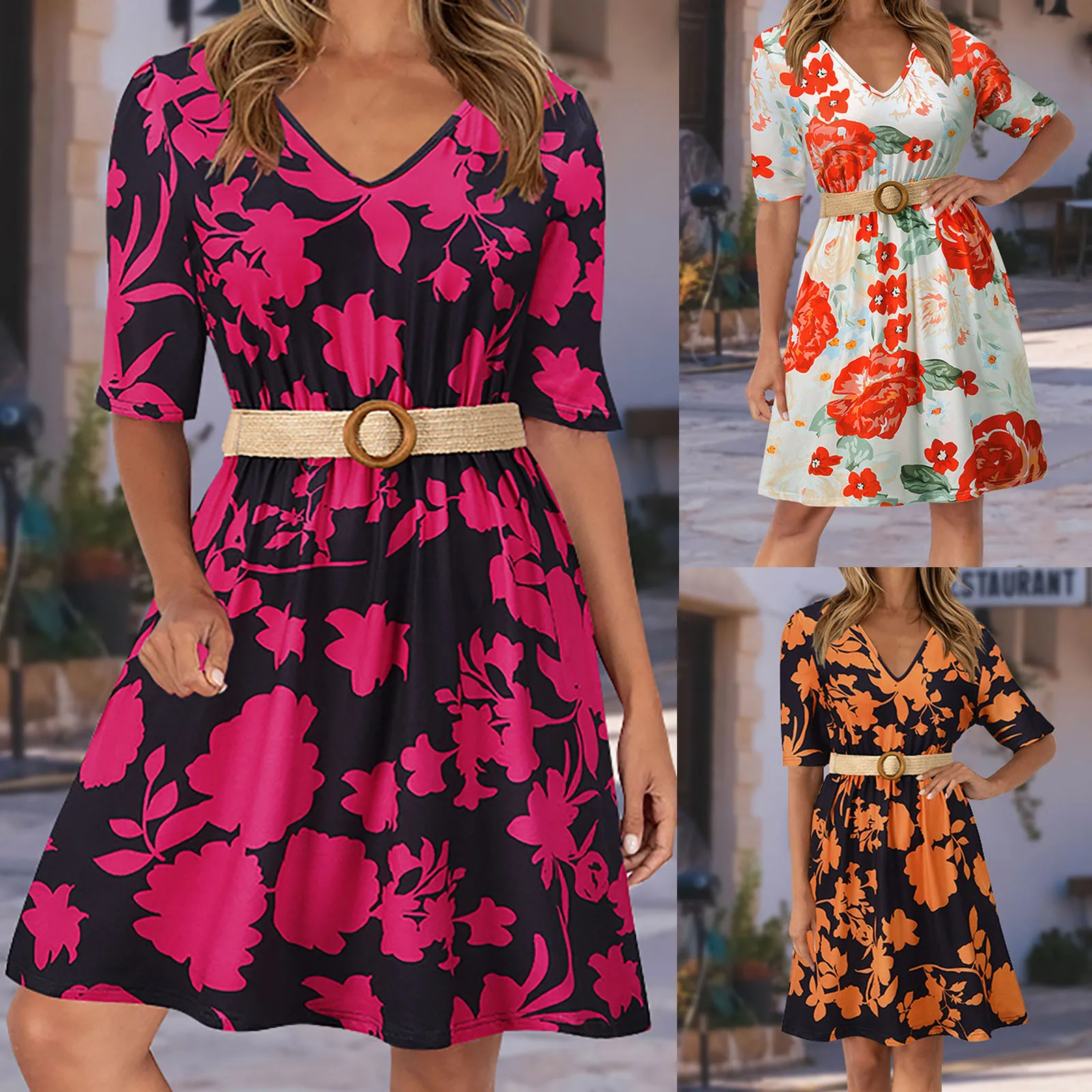 

Летнее женское модное сексуальное платье с V-образным вырезом, высокой талией и коротким рукавом, Цветочное платье с поясом, элегантные женс...