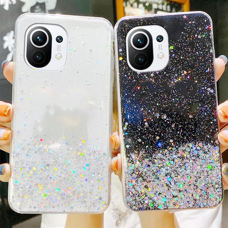 for xiaomi mi 11t mi 12 pro case clear glitter bling phone case for redmi note 9 9s 11 10 10s 11s 10t lite poco m4 x3 pro cover free global shipping