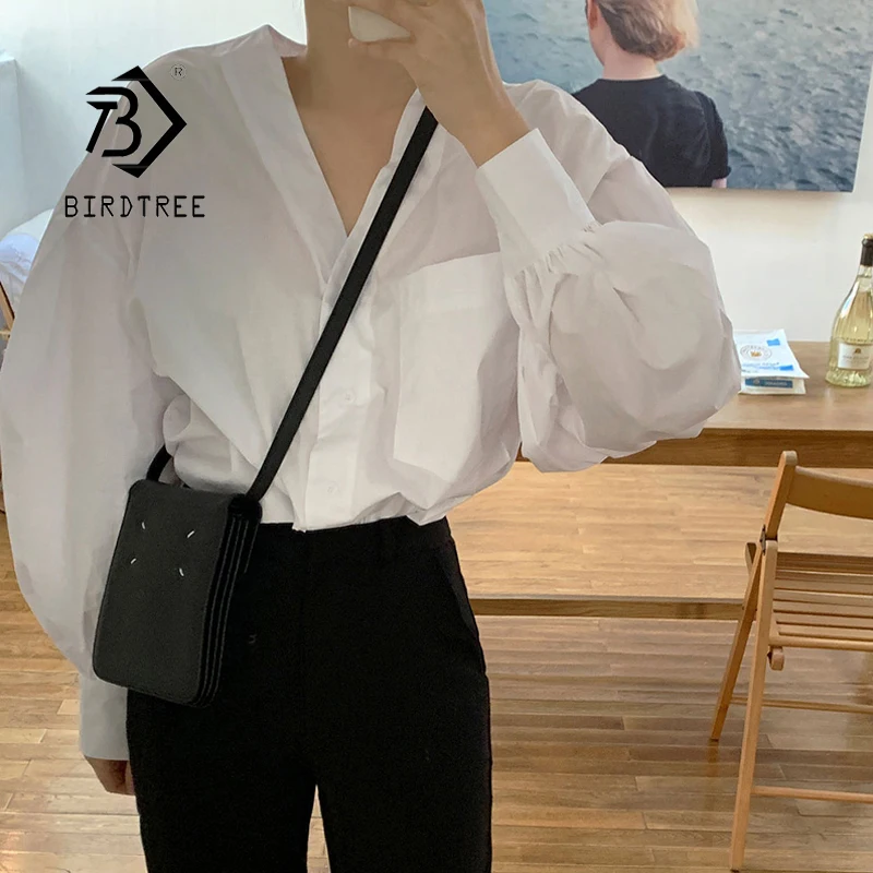 

Spring Women's Solid Korean Style Loose Shirt Long Puff Sleeve V Neck All Math Casual Elegant Thin Pocket Shirts Lady D13102X
