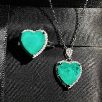 qtt luxury women jewelry set heart shape cz paraiba tourmaline genstone ring choker necklace silver color jewelry
