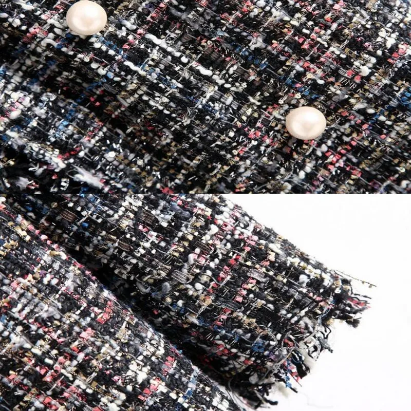 Женская твидовая куртка в клетку Повседневная Свободная с жемчужными пуговицами