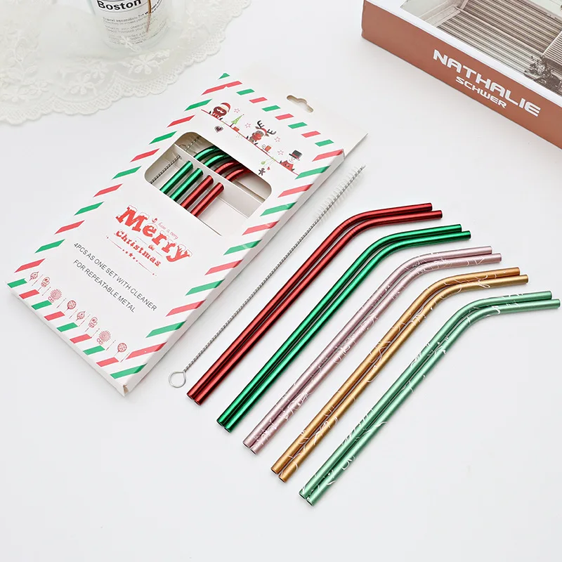 

Christmas Straw with Cleaning Brush 304 Stainless Steel Reusable Metal Straws Sets Eco Friendly Bar Party Drinkwear Accessory