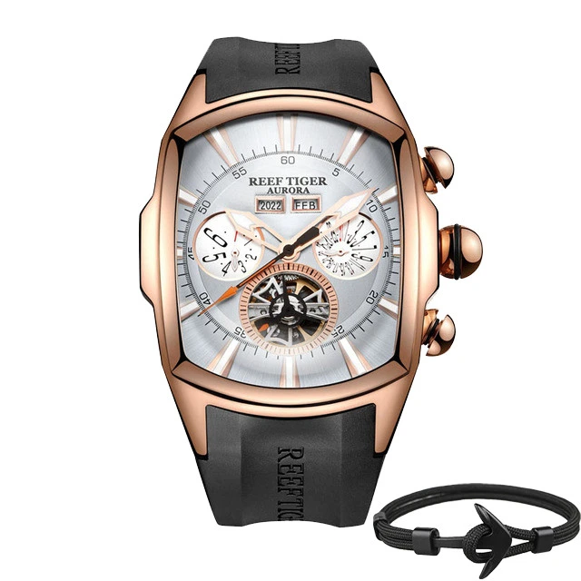 Топ бренд Reef Tiger Reloj Hombre Роскошные Tourbillon циферблат автоматические часы с резиновым ремешком механические водонепроницаемые мужские часы даты Relogio Masculino+ подарок - Цвет: RGA3069-PWB Box Gift