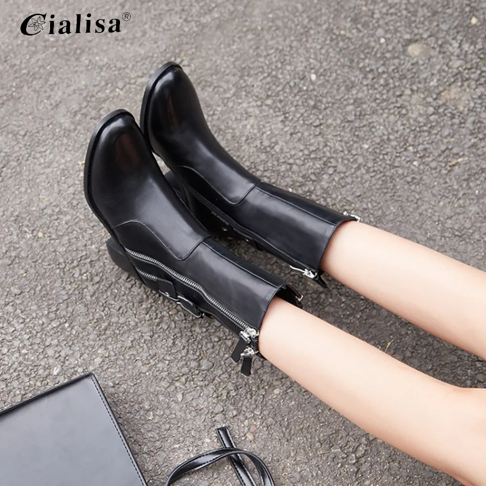 

CIALISA Women Shoes Round Toe Genuine Leather Metal Decoration Zipper Ankle Boot 2020 Fashion New Design Mid Heel Black Boot