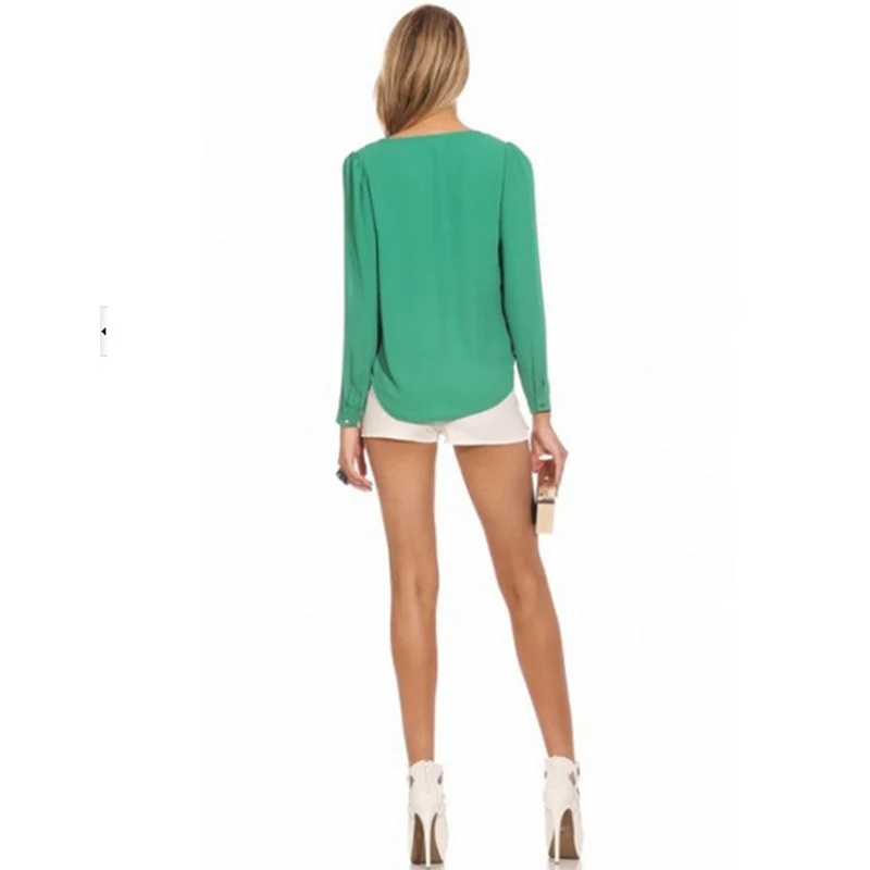 Новый стиль модная женская шифоновая блуза с v образным вырезом и длинным рукавом