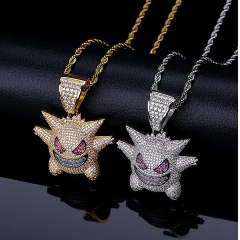 

European and American hip-hop full diamond POKEMON Geng ghost pendant necklace male personality trend street necklace