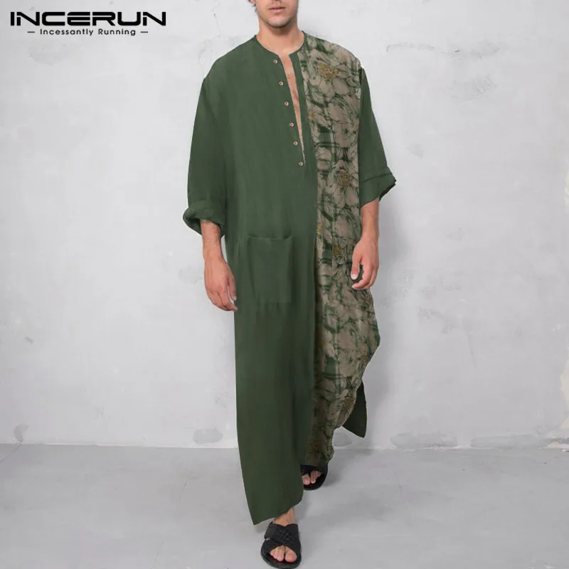 

INCERUN мужские мусульманские халаты с принтом и длинным рукавом, Лоскутная мусульманская одежда, винтажные пуговицы, карманы, Дубай, арабский ...