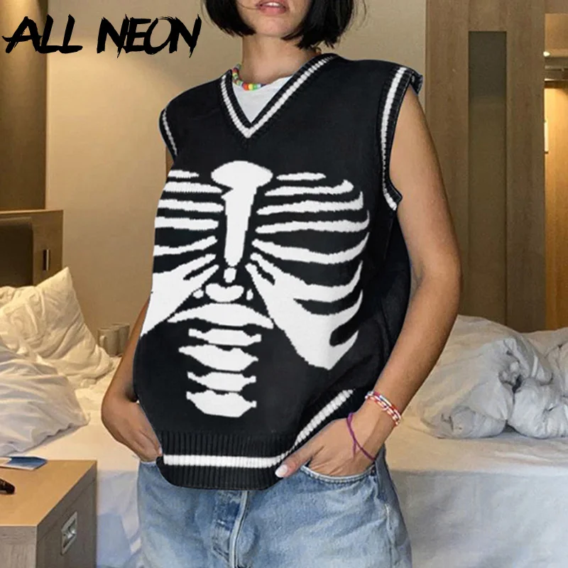 

ALLNeon E-girl Fashion Grunge Skeleton Print Knitted Sweater Vests Streetwear Punk Oversized V-neck Sleeveless Pullovers Autumn